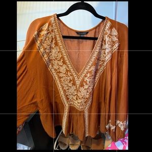 Mustard Orange w/ Ivory Embroidery Flowy Top